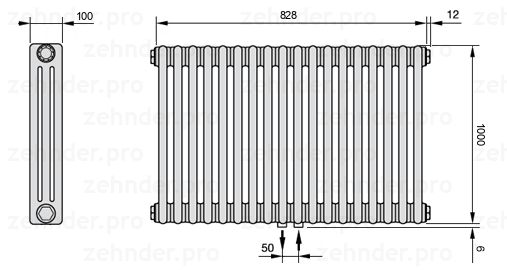 Схема (чертеж) Радиатор Zehnder Charleston 3100/18 №5410 Белый глянцевый RAL 9016
